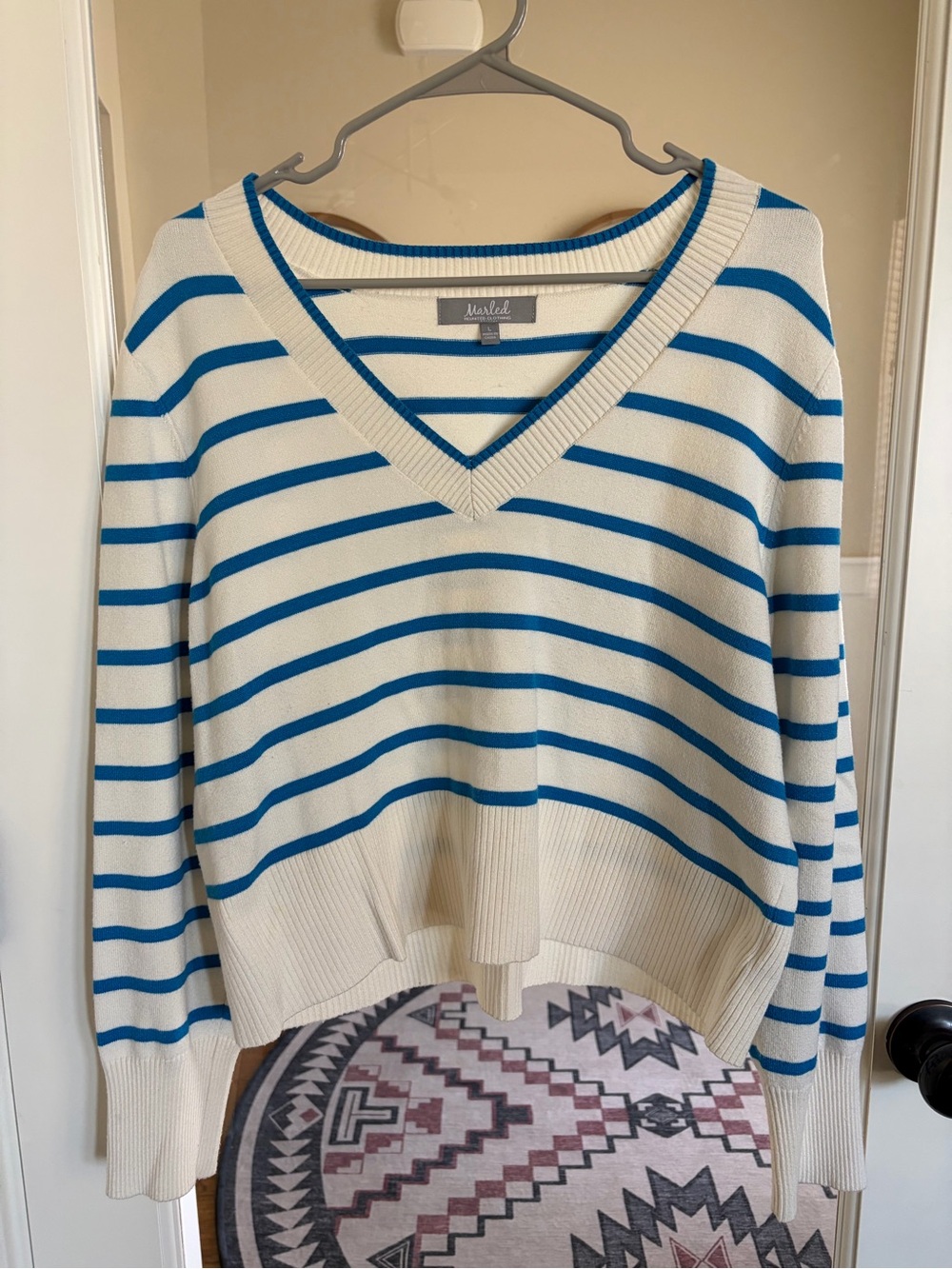 Marled Ivory and Bright Blue Striped V-Neck Sweater